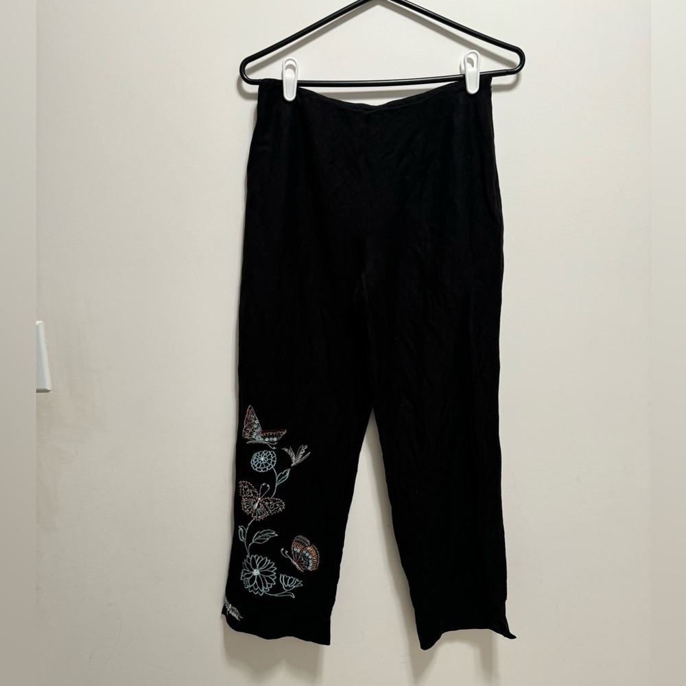 Embroidered Black Linen Capris with Floral and Butterfly Design